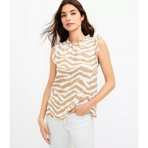 LOFT Tiger Print Textured Ruffle Top in Tan White Size L